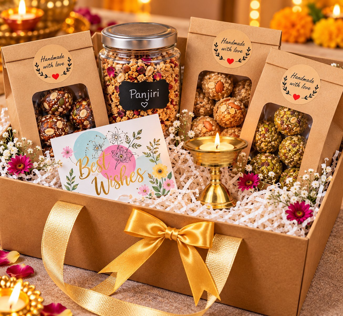 The open gift hamper: three kraft window bags of date, pinni and til-gud laddoos, a jar of panjiri, a Best Wishes card, a lit brass candle holder and small pink and white flowers on paper shred, tied with a gold satin bow.