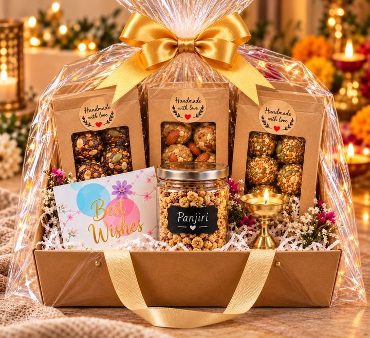 The same hamper wrapped in cellophane with a gold satin bow.